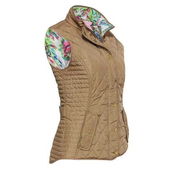 Lilly Pulitzer Jackets & Blazers - Lilly Pulitzer Quilted Vest Full Zip Up Snap Tan Printed Lining Women's Size XS